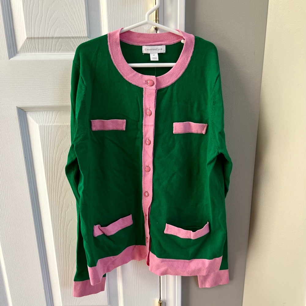 NWT. Charter club green and pink sweater. Size Medium.